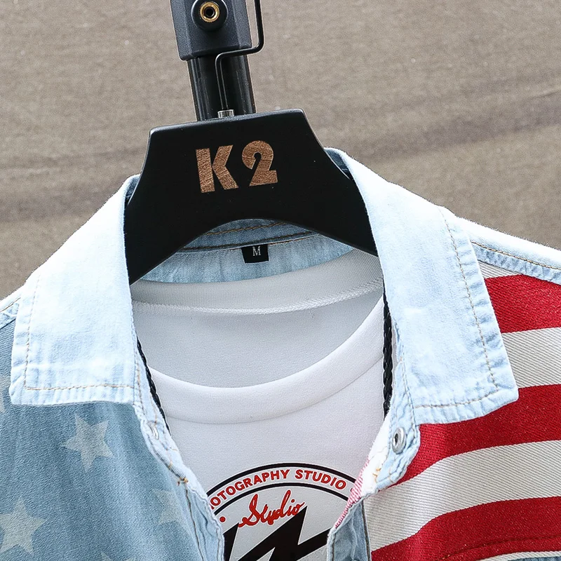 New vintage men's fashion American Flag denim shirt short sleeve light blue jeans shirt free shipping Top quality