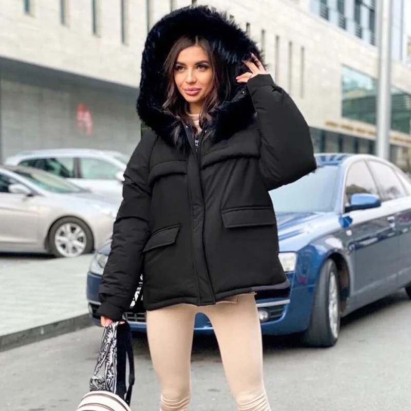 2023 Ladies Winter New Loose Zipper Hooded Cotton Jacket Simple Casual Rabbit Fur Warm Fashion Cotton Women Jacket Vintage