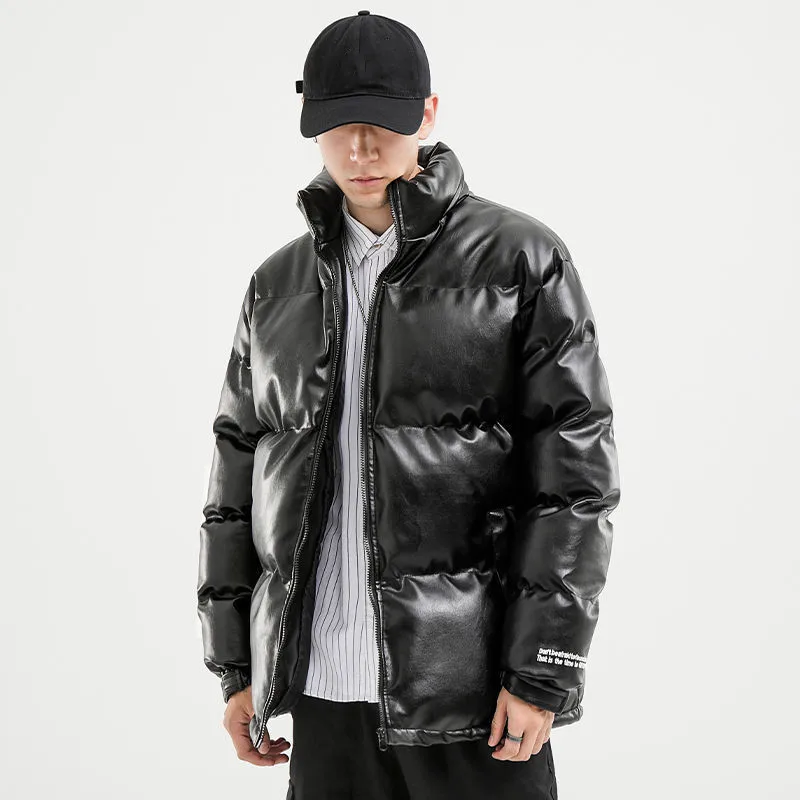 Leather Parkas Men Warm Thick Loose Jackets Coat Winter PU Outdoor Outfits Windproof Solid Harajuku Parka Mens Padded Jacket