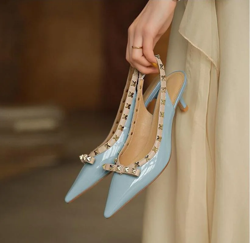 

Women Rivet Sandals Slip On PU Woman Summer Bowtie Pointed Toe Thin Kitten Heels Female Sexy High Heels Bridesmaid Blue Shoes