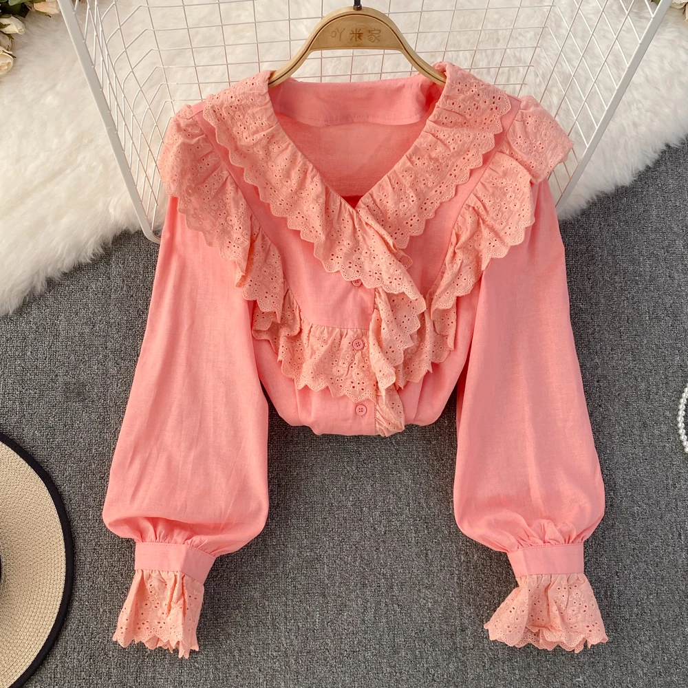 

Весенний новый дизайн, шикарный Свободный Топ с оборками, V-образным вырезом и длинными рукавами