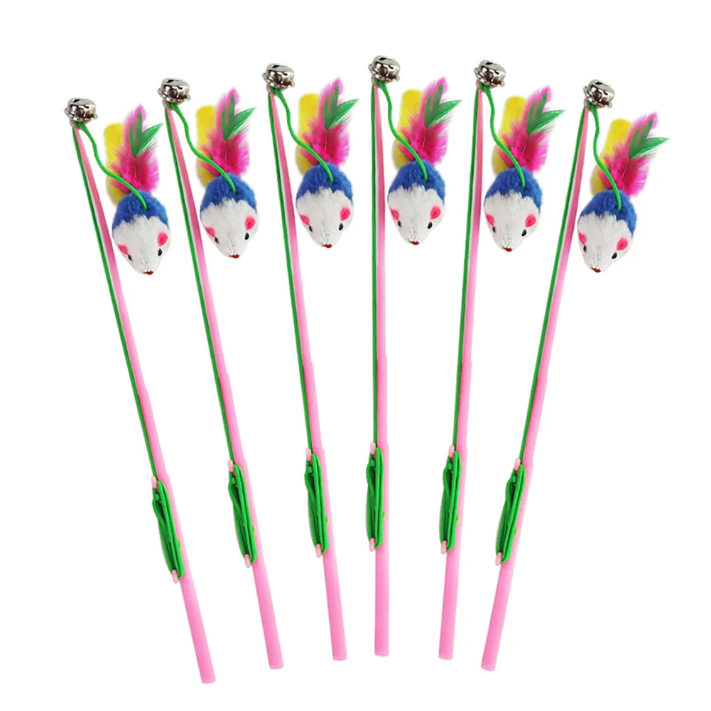 

6pcs Cartoon Pet Cat Teaser Toys Feather plastic Rod Mouse Toy With Mini Bell Kitten Catcher Tease Stick Cat Interactive Toys