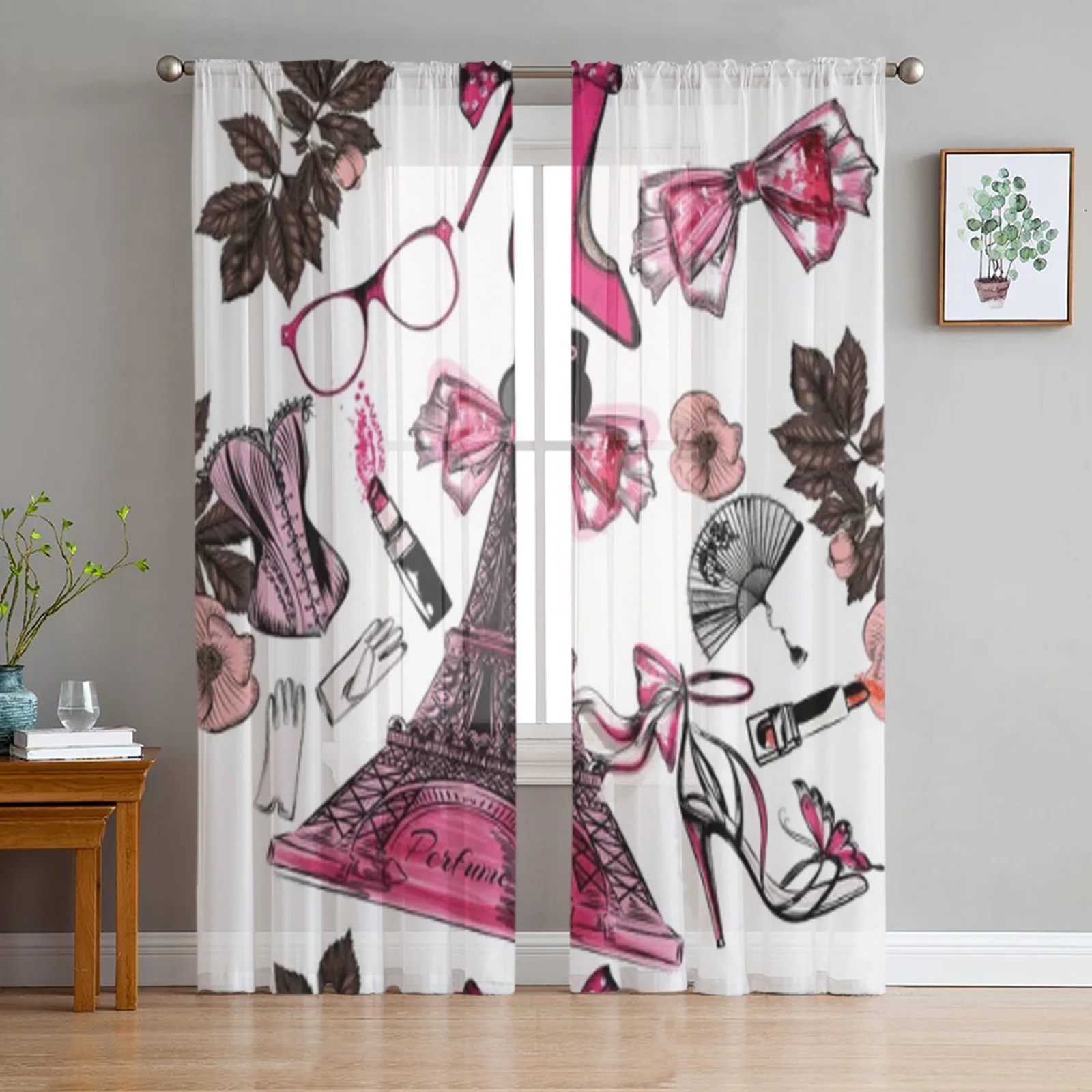 

Тюлевые шторы на высоких каблуках с бантом, Модные прозрачные Занавески с Эйфелевой башней для гостиной, спальни, кухни, декоративные занав...