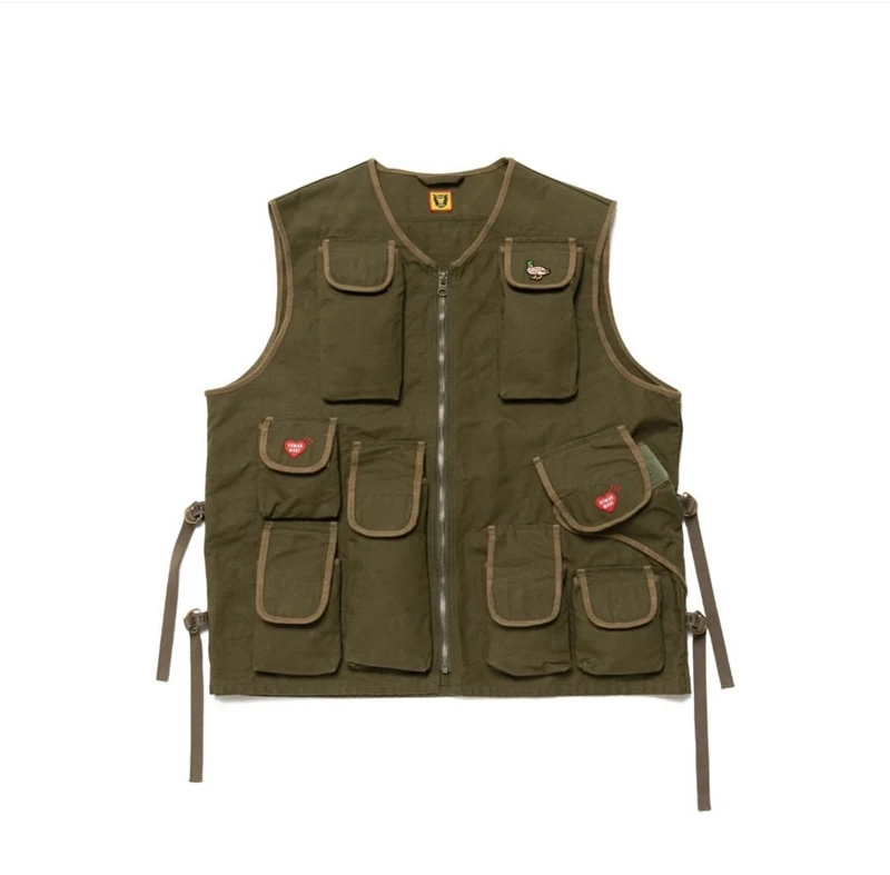 Heart Duck Zipper Vest Sleeveless Men Women HUMAN MADE Hunting Vest Jacket Multi-pocket Functional Heavy-duty Work Embroidery