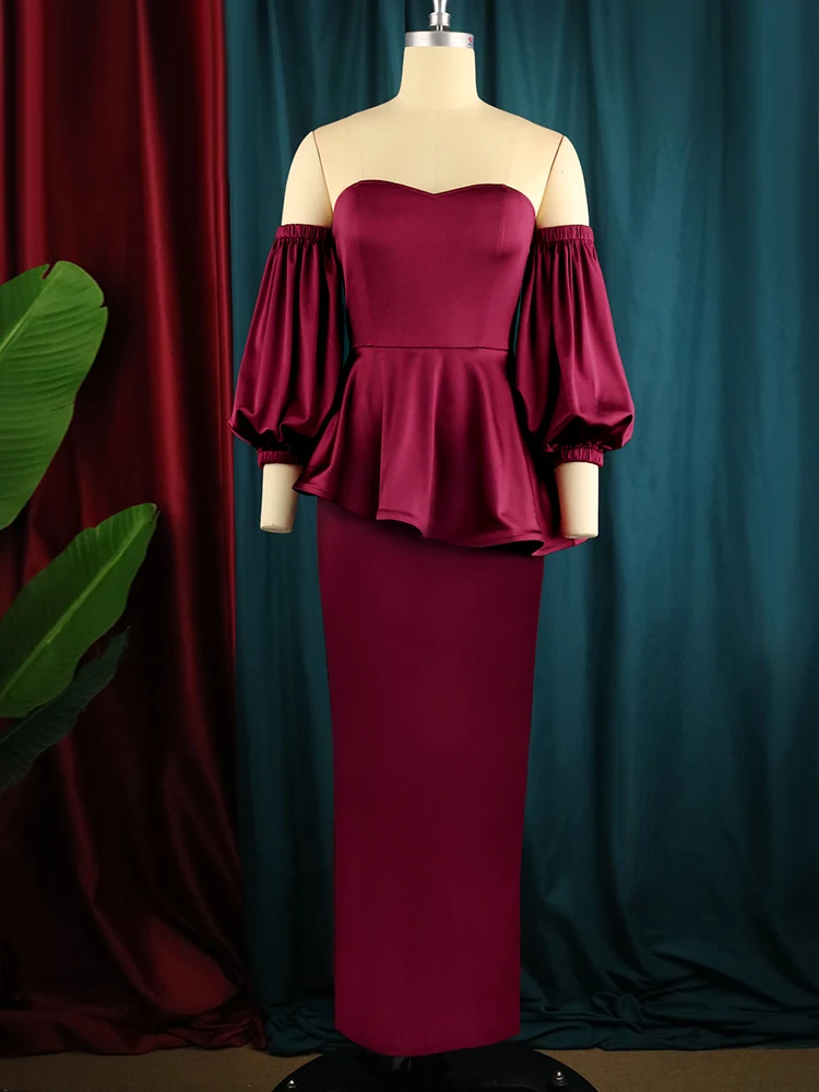 2023 new Women Long Formal Dresses Puff Sleeve Peplum Elegant LadiesElastic Satin Strapless Party Evening Prom Birthday Dresses