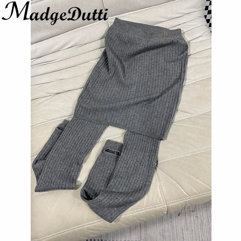 12.1 MadgeDutti Fashion Design Fake Two Pieces Wool Blend Knitted Spliced Skirt Leggings Women