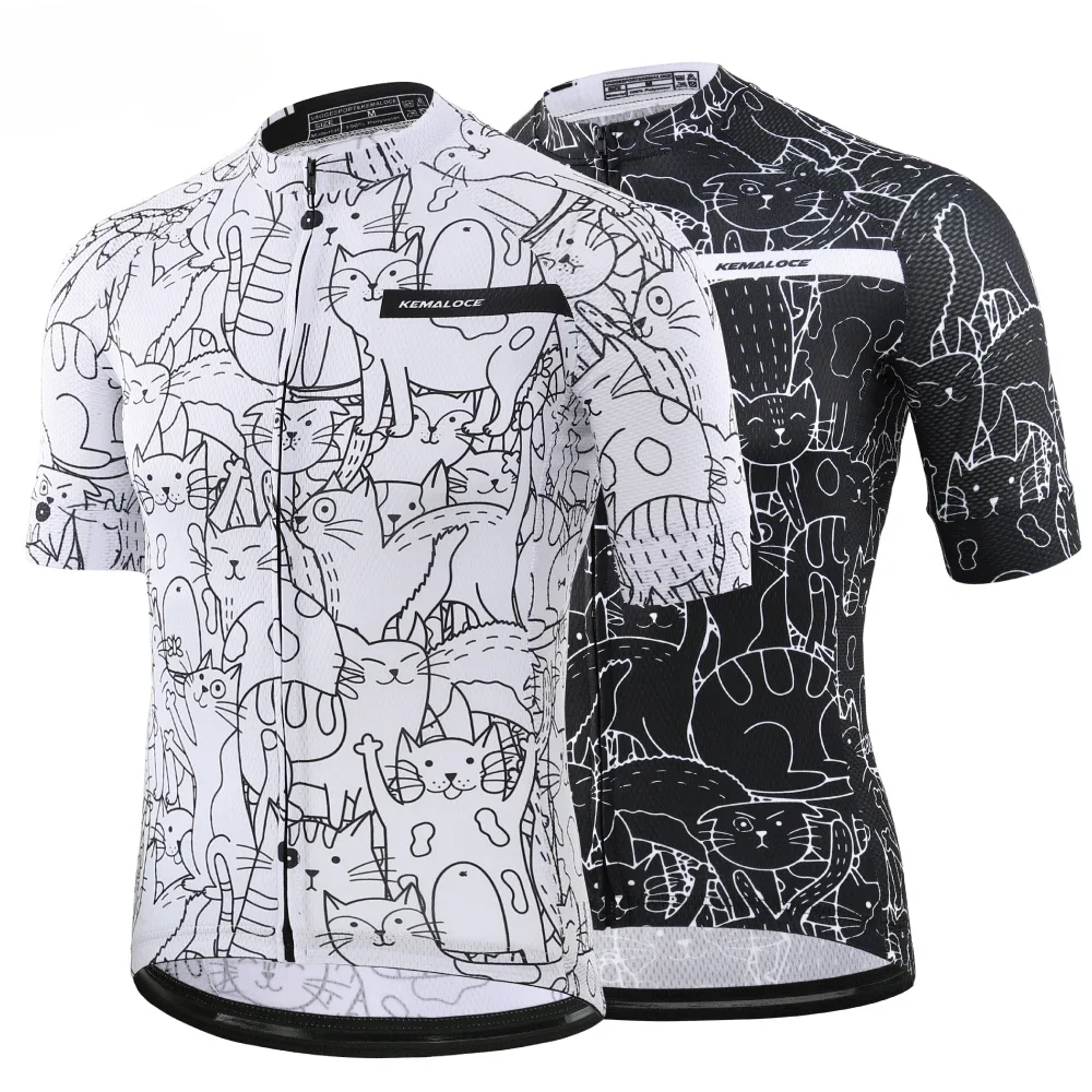 

KEMALOCE Breathable Unisex White Cartoon Cat Cycling Jersey Spring Anti-Pilling Eco-Friendly Bike Clothing Top Road Team Bicycle