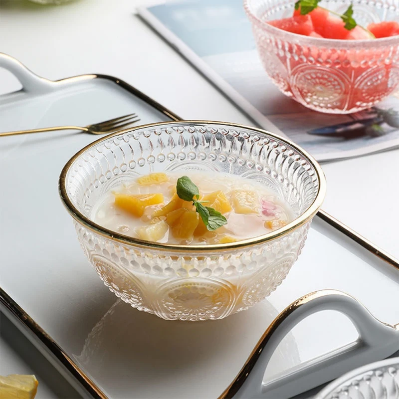 Gold Rim Clear Glass Bowls Embossed Sunflower Serving Bowl Great For Soup Salad Popcorn Snack Fruit Pasta Dessert Oatmeal Bowl