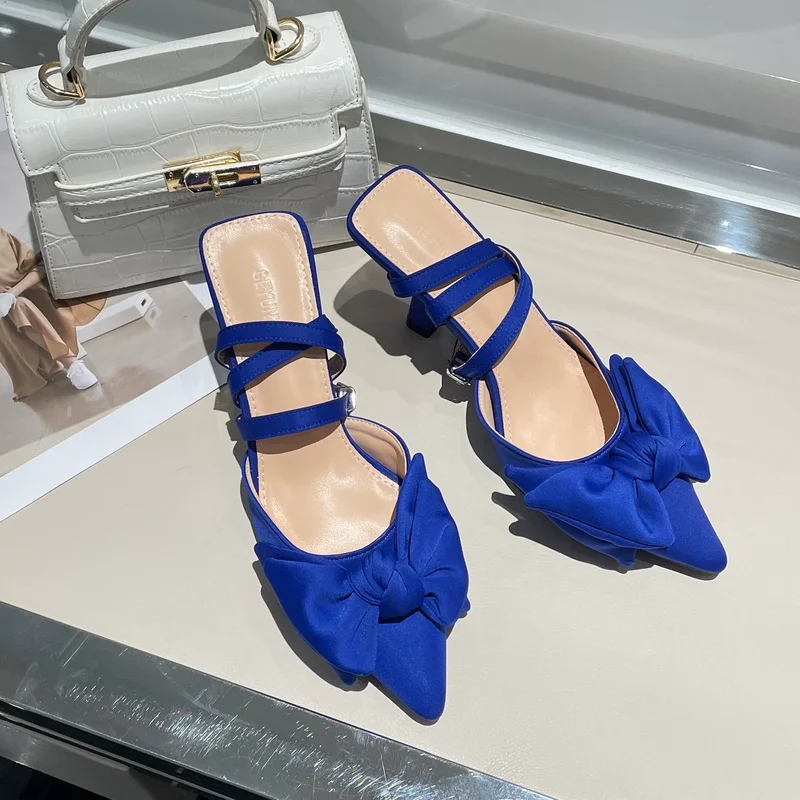 

Summer Women's Shoes Fashion 2022 New Low Heels Bow-knot Pointed Sandals Sexy Baotou Stiletto Party Light Sandalias De Mujer