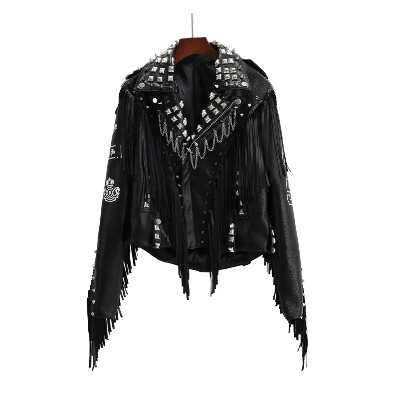 

pu leather jacket for Winter women beaded rivet tassel chain black moto biker jacket female street hipster slim short coats