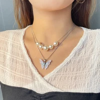 2022 new sweet double butterfly pearl necklace enamel pendant fashion sweater chain lovers boudoir jewelry gift