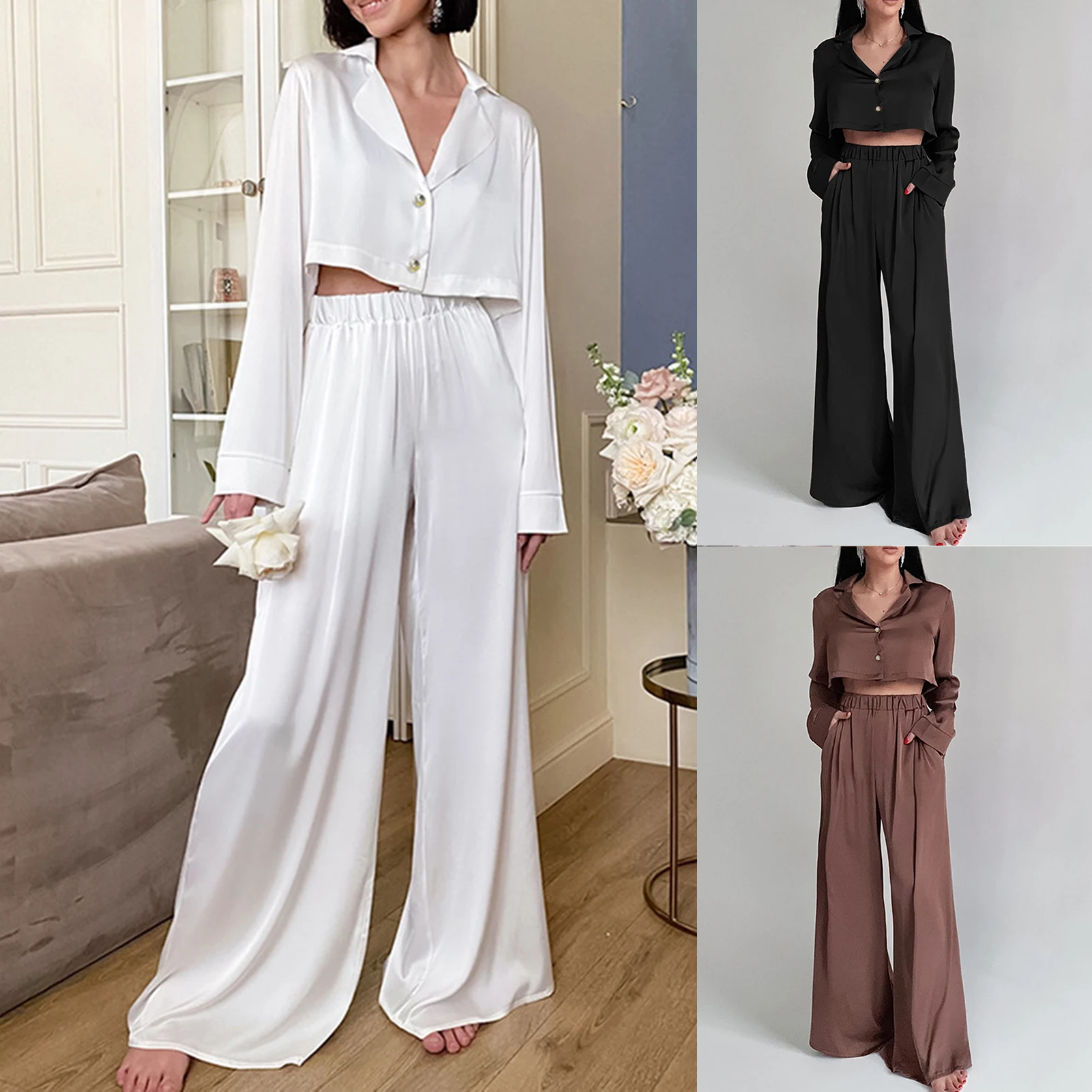 

2023 Women Two Piece Pajamas Set Korean Casual Solid Color Wide Leg Pant Sets Spring Autumn Simple Sleepwear Homewear Set