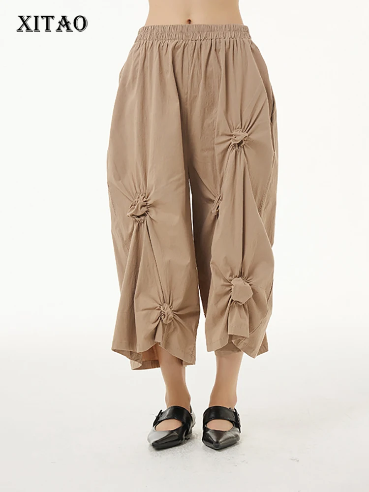 

XITAO Solid Color Patchwork Pleated Elastic Waist Pants 2022 Summer New Arrival Casual Fashion Temperament All Match WMD6636