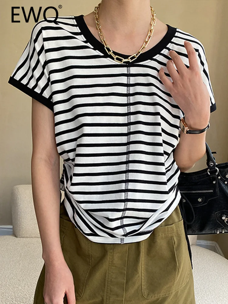 

EWQ Drawstring Design Striped T-shirt For Women Round Neck Loose Short Sleeve Tops Female Clothing 2023 Summer New 26D4424