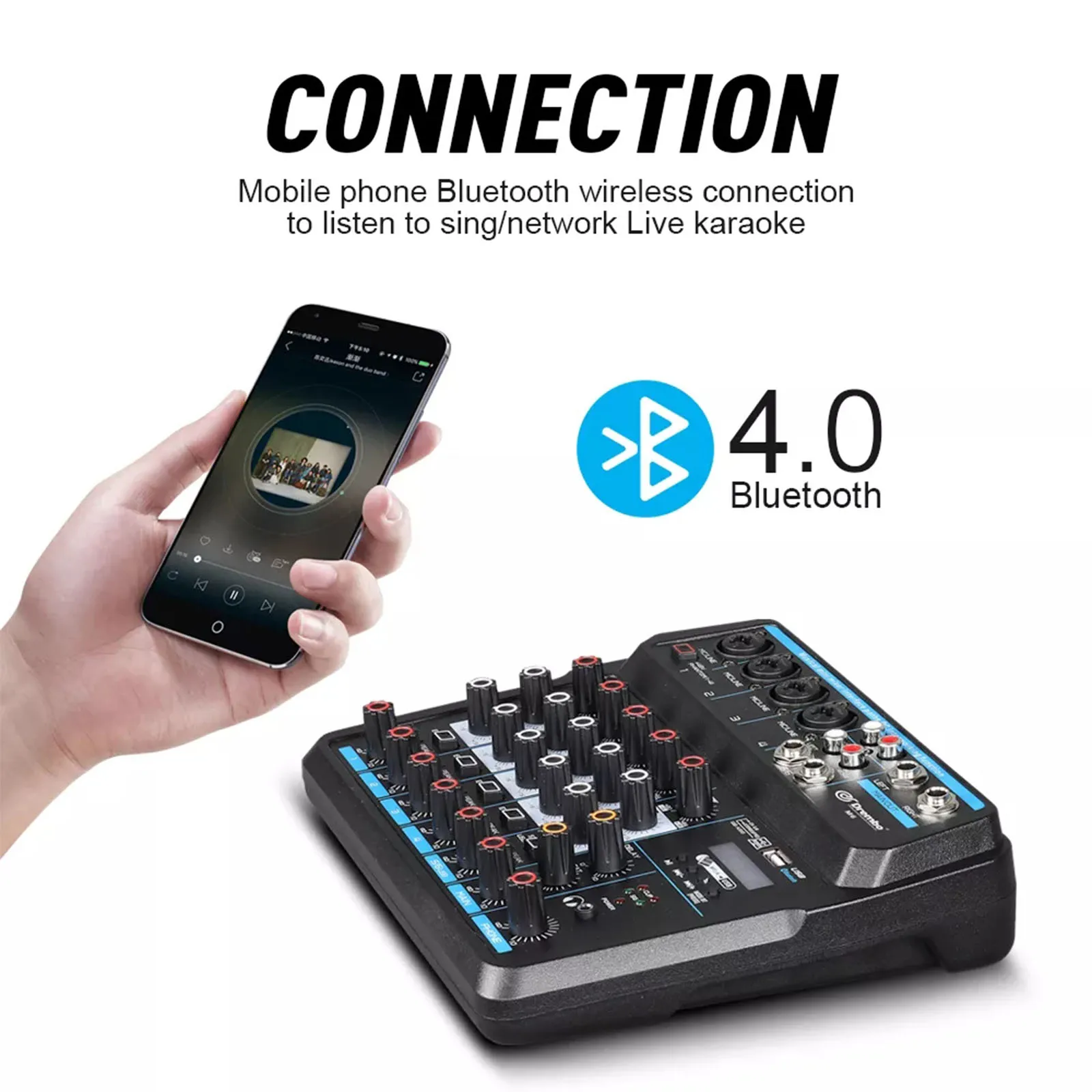 

Пульт-микшер 4/6 каналов, портативный, с звуковой картой, Bluetooth, USB, 48 В, с фантомным питанием, для записи звука, для DJ, ПК