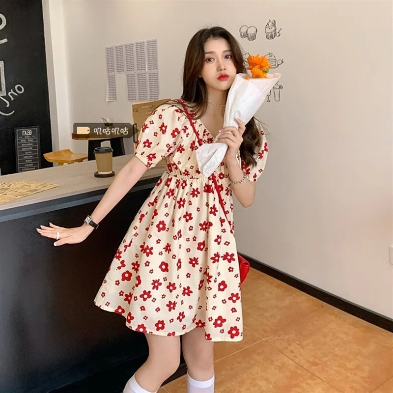 

Pink Red Sweet Floral Dress Summer Women Cute V-Neck Slim Short Sleeve Mini Dress Cottagecore French Sweet Girl Fariy Dresses