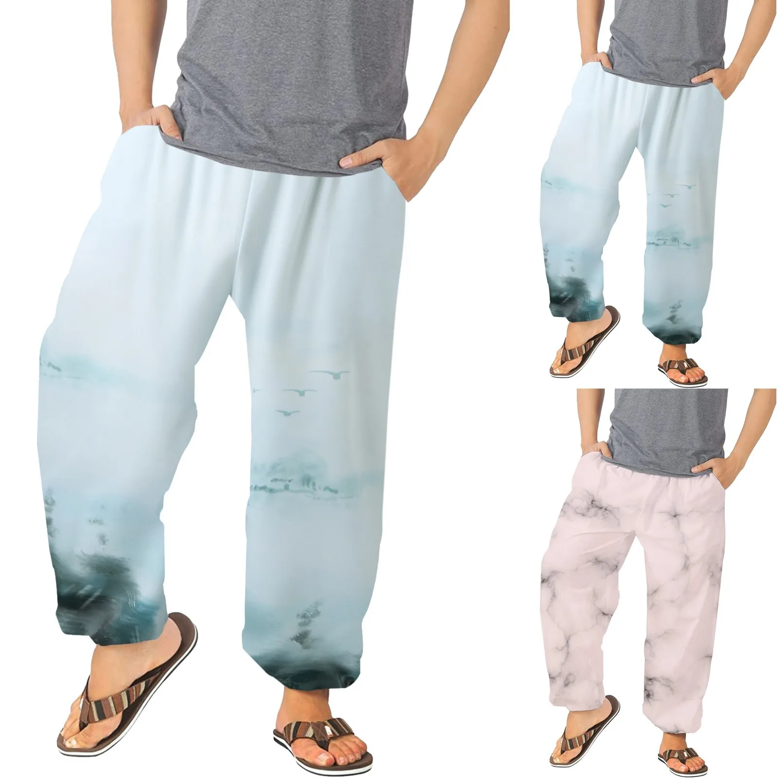 

Брюки мужские универсальные для воркаута, повседневные свободные штаны с принтом, модные пляжные брюки с карманами, тапочки с керамикой