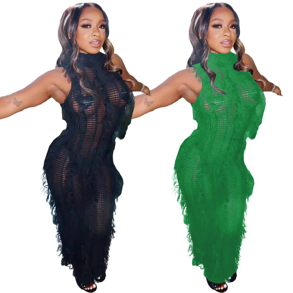 

Платье женское облегающее без рукавов с оборками и бахромой