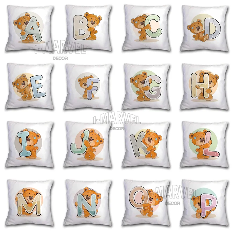 

Cute Bear Pillowcase English Alphabet A-Z Double Side Print Pillow Cushion Cover for Children Room Soft Aesthetic Decoration