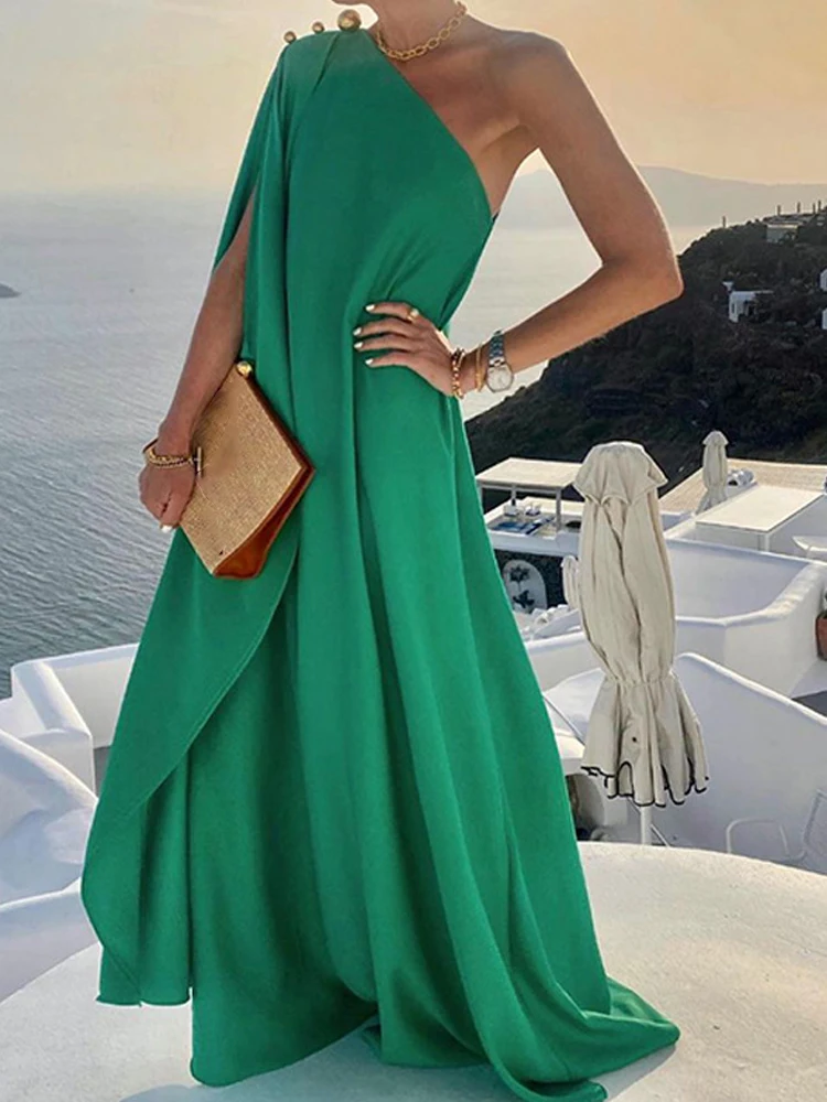 

Summer Holiday Diagonal Collar Backless Big Hem Dress Women Fashion Solid One Shoulder Long Dress Ladies Sexy Slit Loose Dresses
