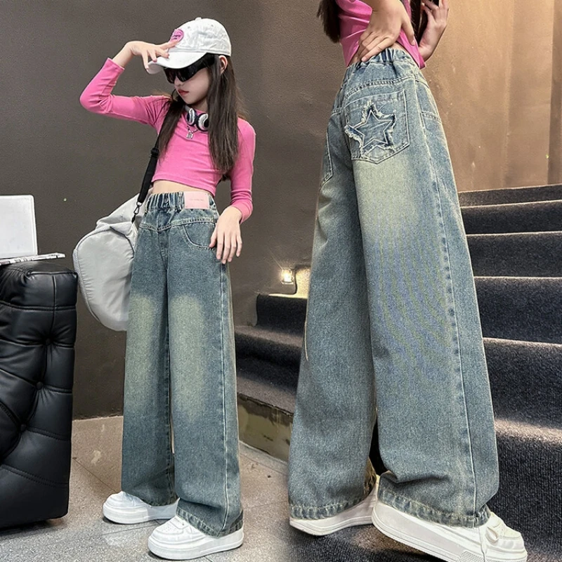 Осенние свободные брюки для девочек джинсы прямые из денима 12-14 лет