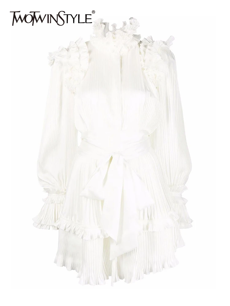 

TWOTWINSTYLE Patchwork Colorblock Dress For Women Stand Collar Long Sleeve High Waist Ruffle Trim Mini Dresses Female Clothing