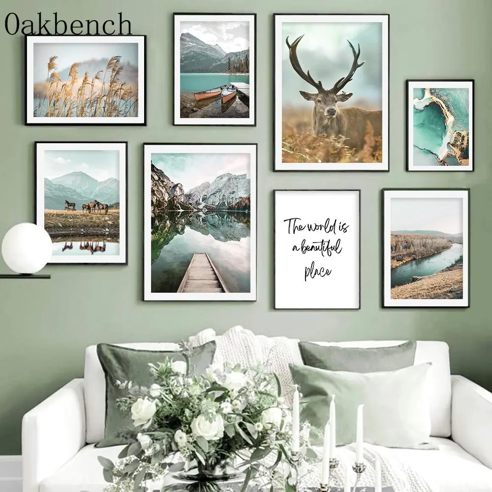 

Natural Landscape Wall Paintings Elk Forest Canvas Poster Reed Lake Bridge Boat Print Pictures Nordic Posters Living Room Decor
