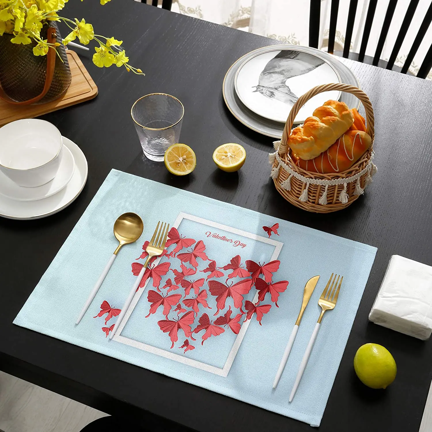 

Valentine's Day Placemats for Dining Table Red Butterflies Linen Table Mats for Kitchen Table Mat No-Skid Insulation Placemat