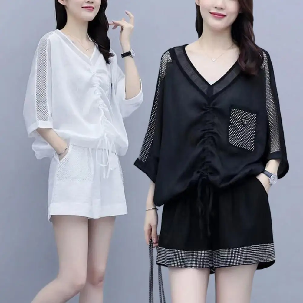 

2Pcs/Set Women Top Short Set V Neck Pleated Elastic Waist Drawstring Three Quarter Sleeves T-shirt Shorts Outfits Female Clothes