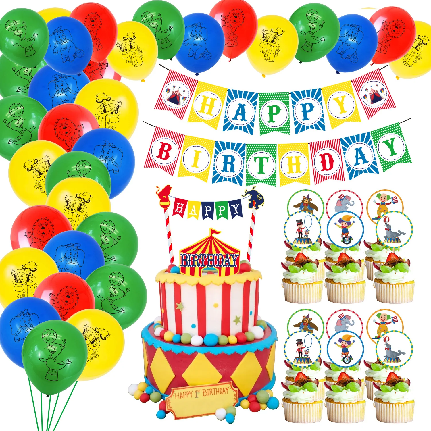 

SURSURPIRSE Circus Theme Green Yellow Red Latex Balloons Set Banner Clown Cake Toppers for Baby Shower Carnival Party Supplies