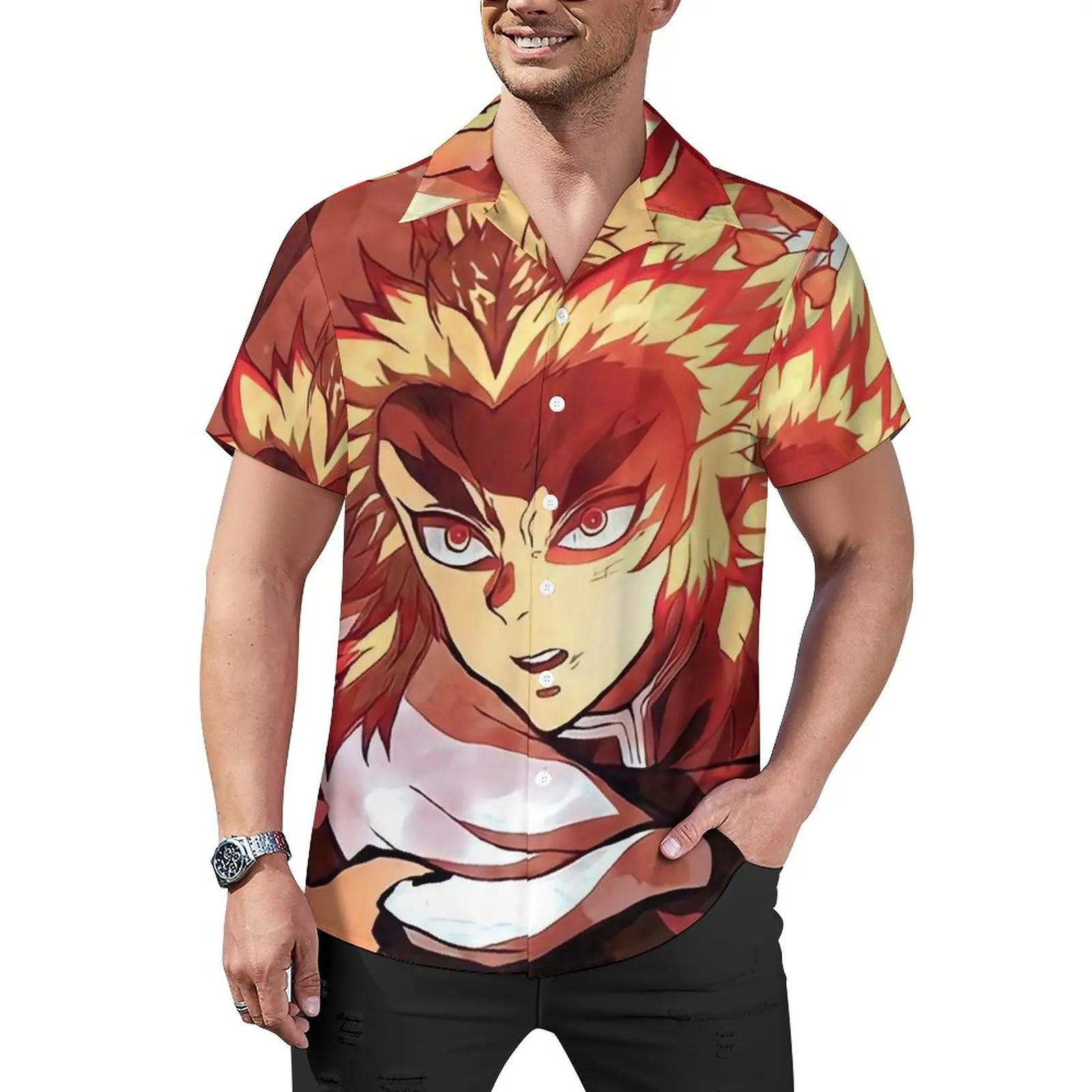 

Demon Slayer Casual Shirt Rengoku Kyojuro Anime Beach Loose Shirt Hawaii Fashion Blouses Short Sleeve Graphic Oversized Top