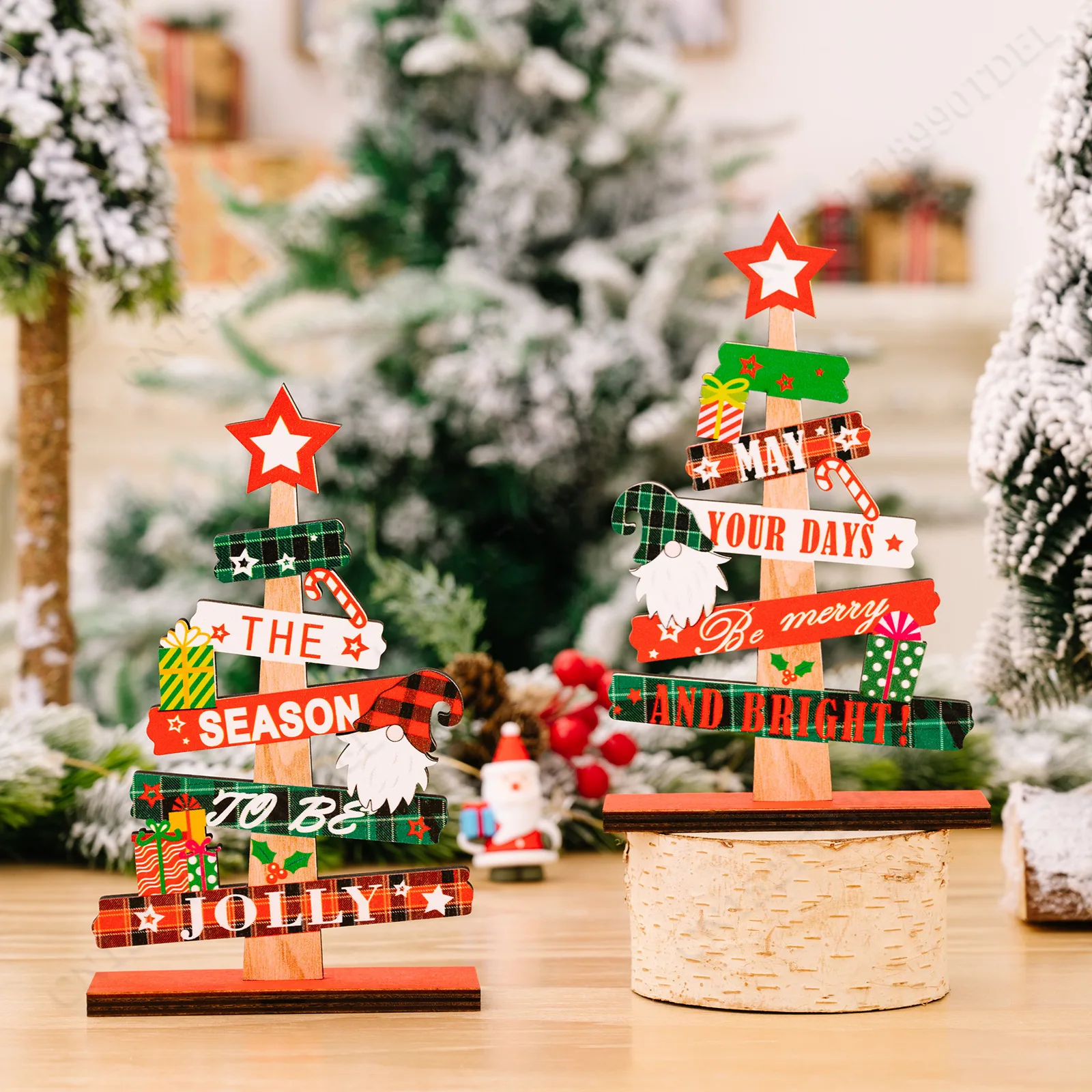 Деревянная рождественская елка настольное украшение Санта-Клаус веселая