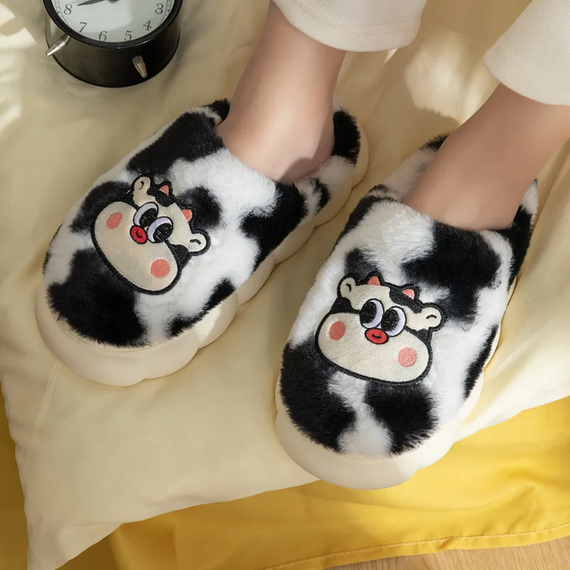 Winter Animal Cotton Slippers Women Design Cute Cow Furry Warm Ladies' Slides Indoor Soft Plush Unisex Memory Foam Platform Shoe