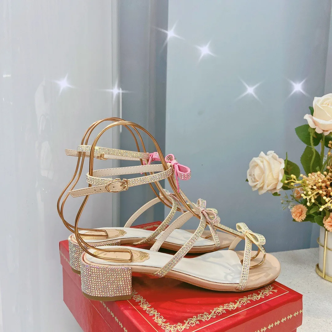 

Summer Sweet Butterfly Knot Sandals Bordered Rhinestone Women Shoes Square Low Heels Open Toe Strappy Pumps Chaussures Femme