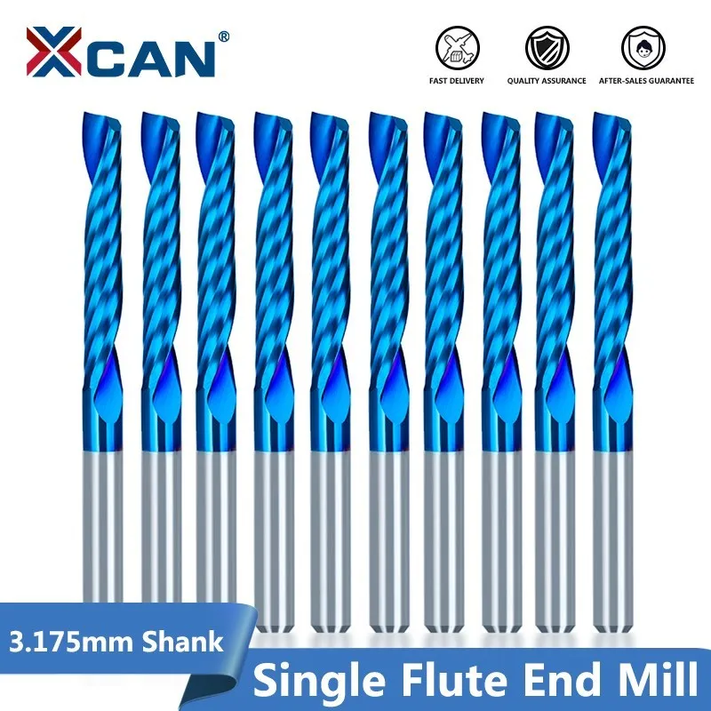 XCAN 10pcs 3.175 Shank Single Flute CNC Router Bit Tungsten Carbide Spiral End Mills Milling Cutter for Wood 1/1.5/2/2.5/3.175mm