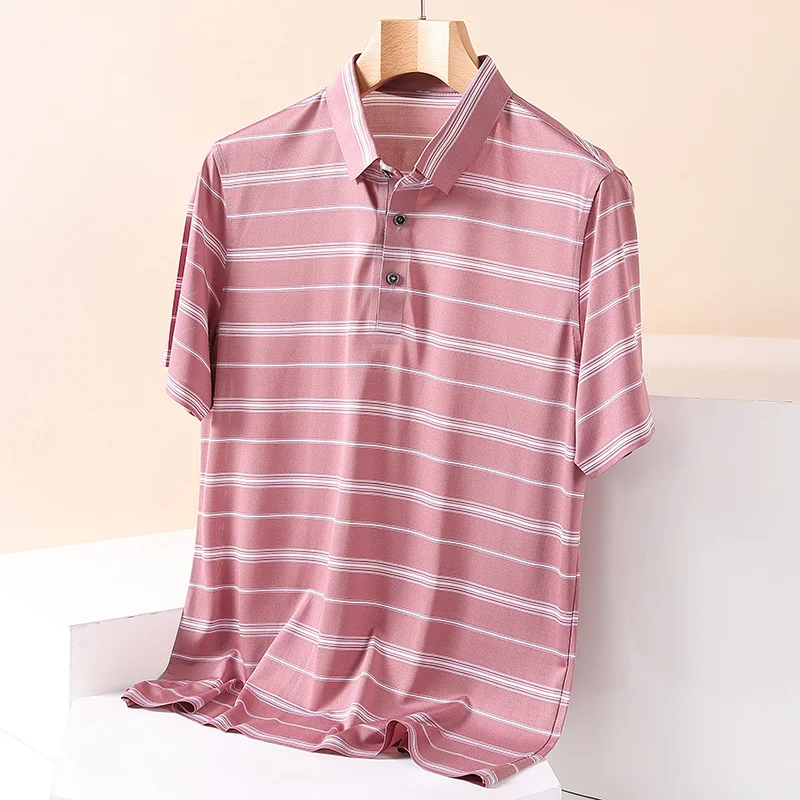 

Футболка-поло мужская с коротким рукавом, шелк тутового шелкопряда, рубашка в полоску, модная одежда, лето