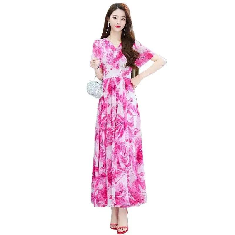 2024 новое летнее женское платье средней длины утягивающая талия большая юбка