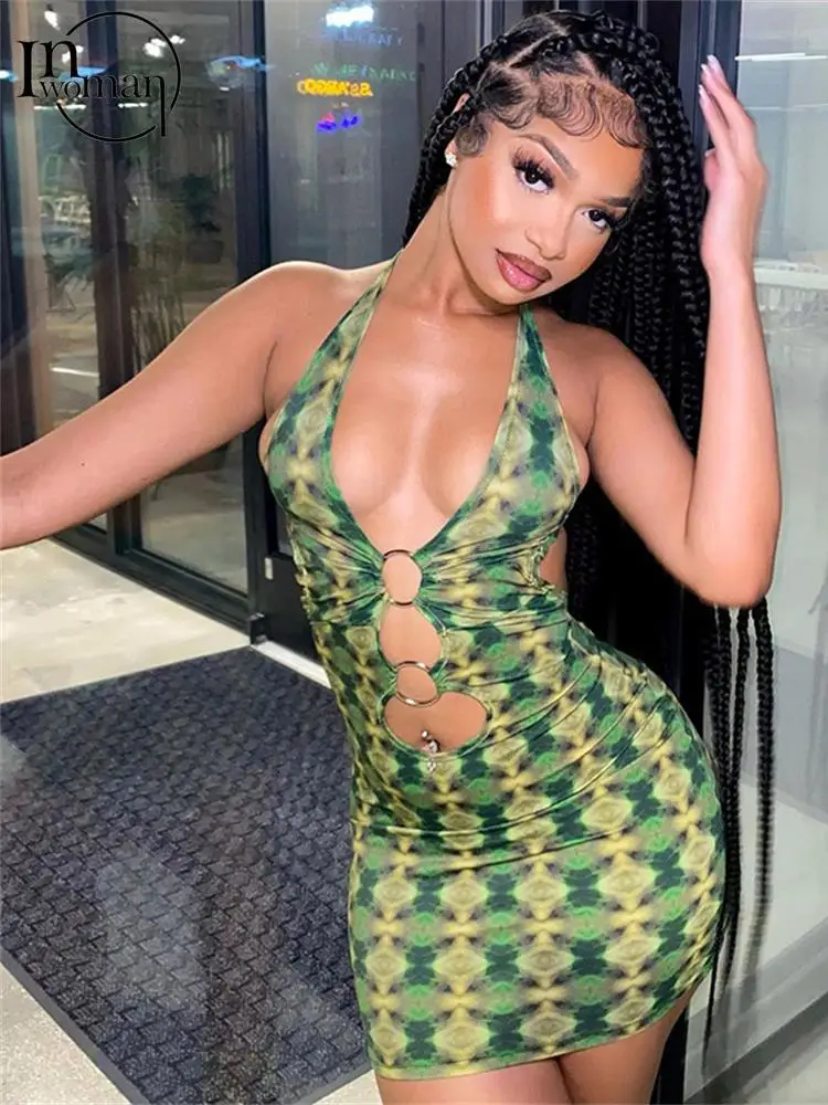 

Inwoman Summer Mini Dresses For Women2022 Backless Sleeveless Print Halter Bodycon Dresses Hollow Out Bandage Party Green Dress