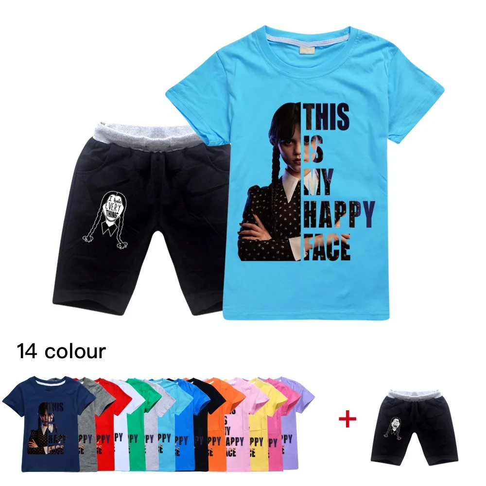 

Wednesday Addams Summer Baby Boys Clothes Cartoon Print Kids Girls Children Top Tee Short Sleeve T Shirt+Short 2Pcs Set