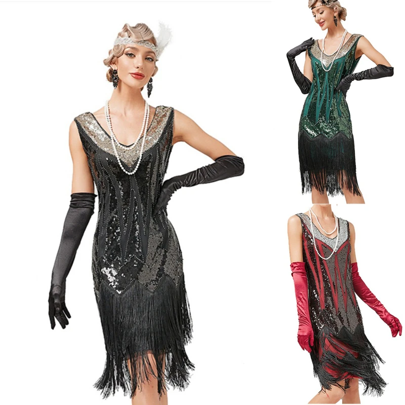 

Women's Gorgeous Dress V-neck Tassel Dresses European And American Retro Latin Dance Sequin Beaded Dress For Ladies