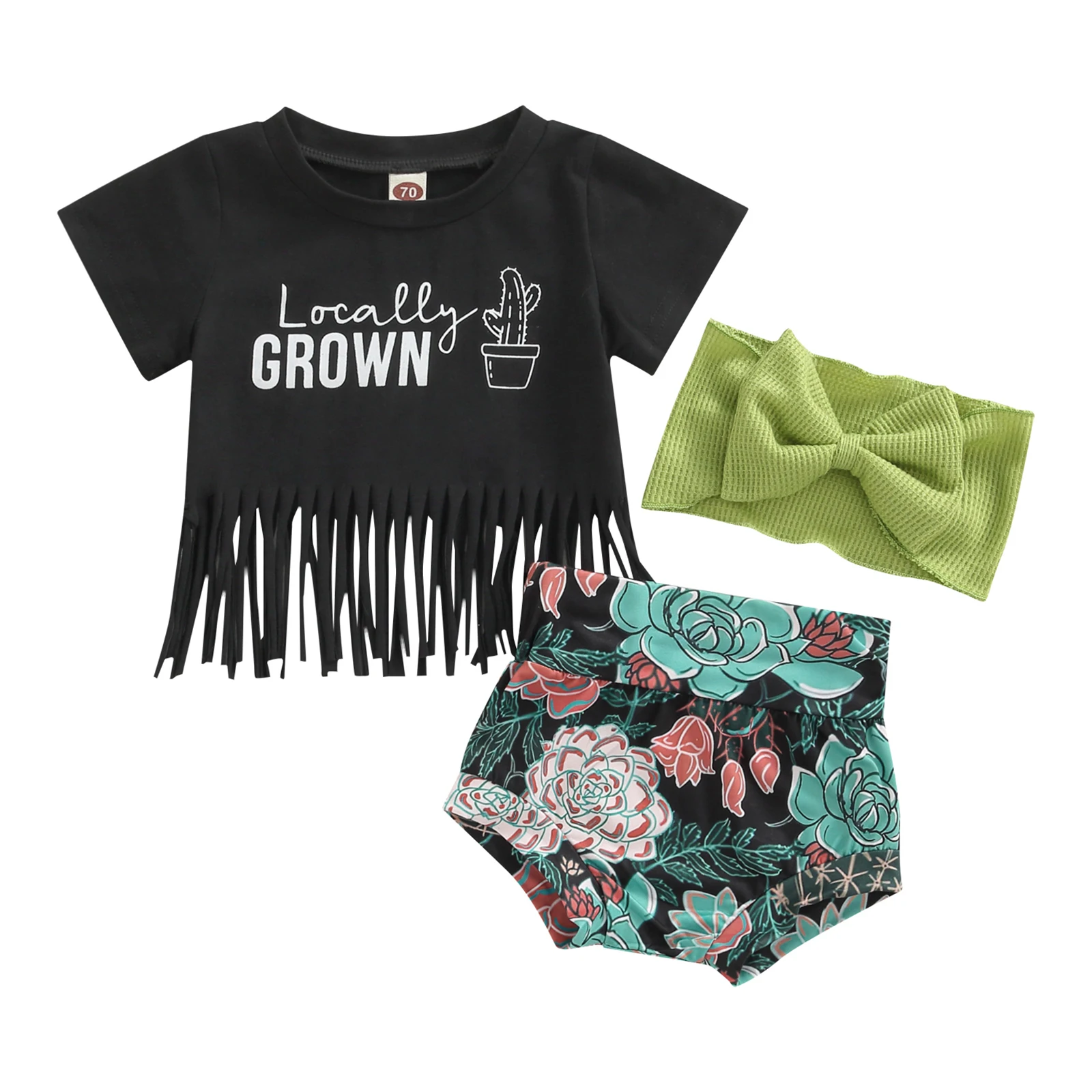 

2022-04-21 Lioraitiin 0-24M Infant Baby Girls 3Pcs Shorts Set Letters Print Tasseled T-shirt Flower Shorts Bowknot Hairband