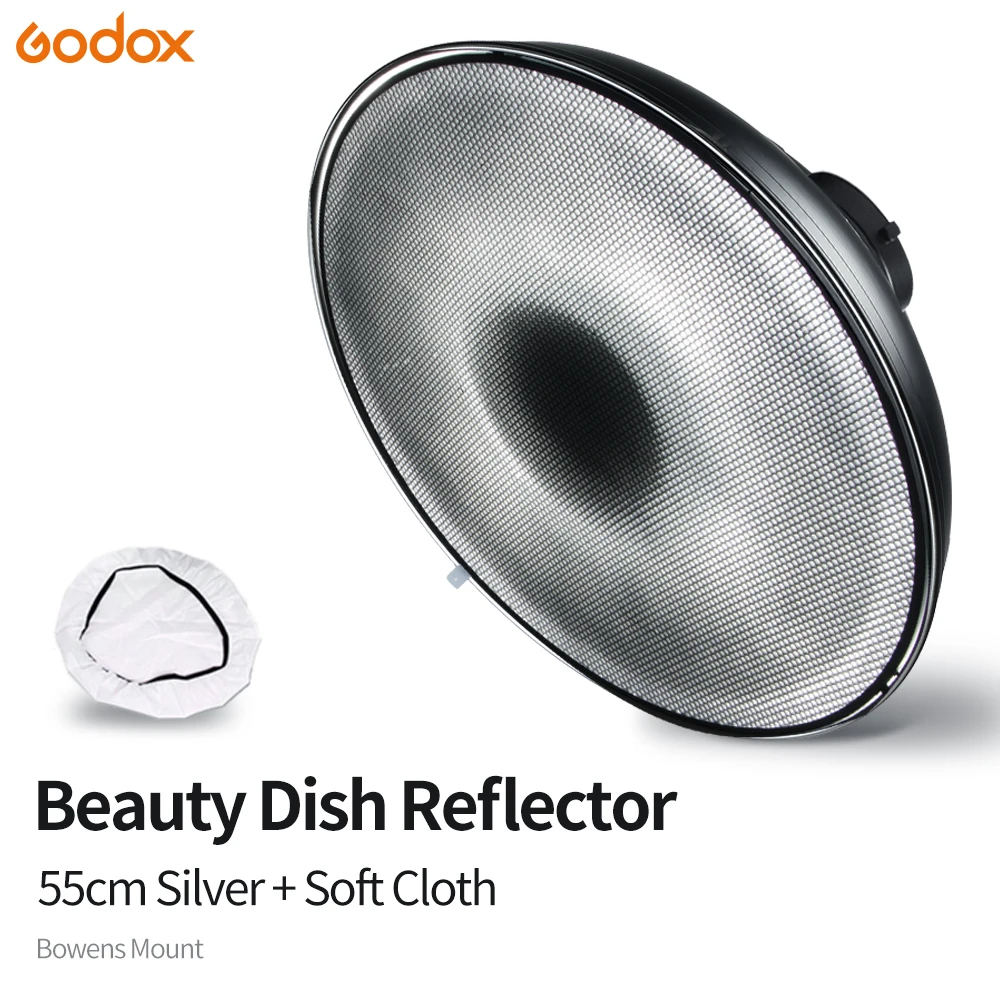 

Godox 55cm 22" Studio Silver Beauty Dish Bowens Mount + Honeycomb Grid + Diffuser Sock for DE300 SK300II SK400II QT600 DP600