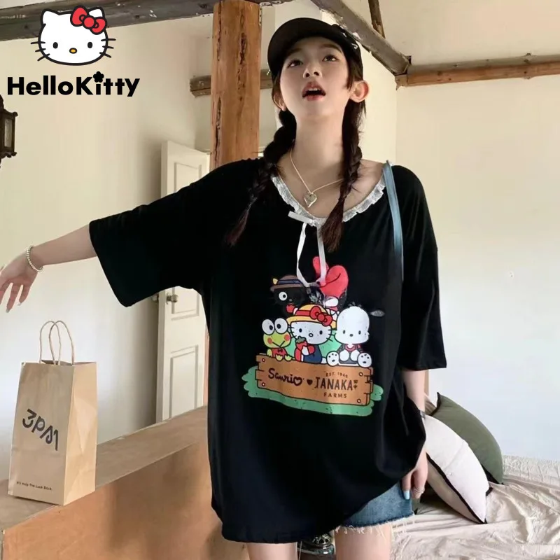 Женская летняя свободная футболка с принтом и кружевными краями