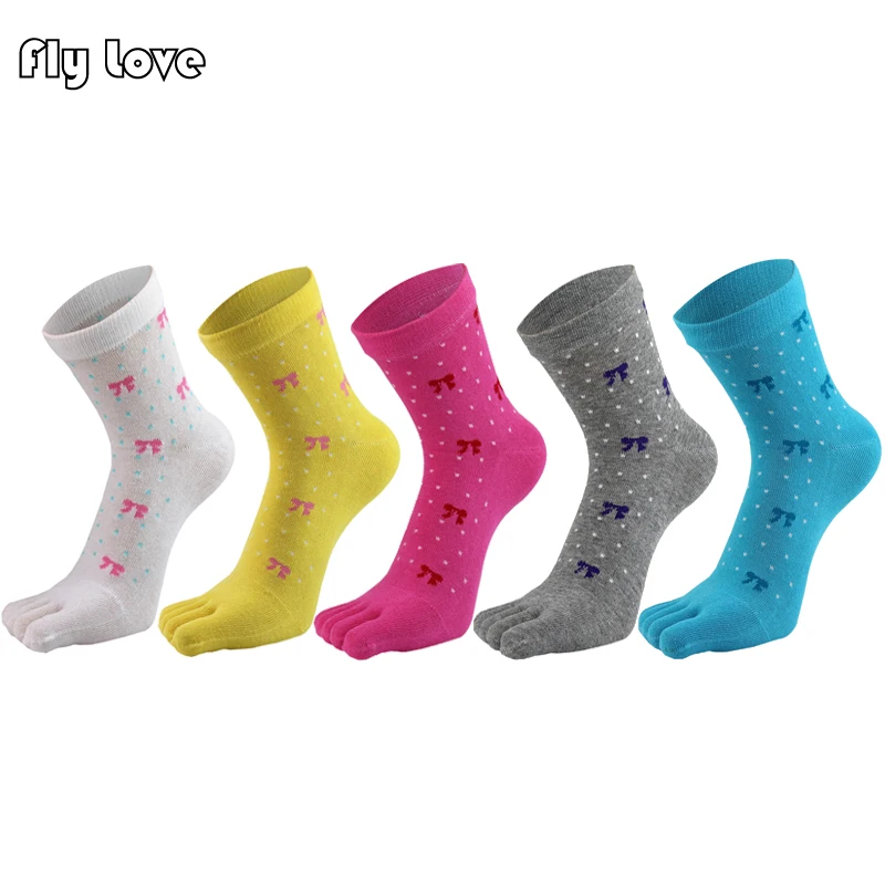 

Женские носки с пятью пальцами, бантом, средней длины, мягкие хлопковые, с пятью пальцами, цвета: розовый, красный, желтый, небесно-голубой, бе...