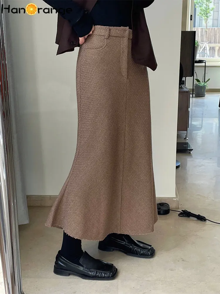HanOrange Tweed Wool Knitted Fishtail Skirt Slim Fit Temperament Skirt Brown/Black