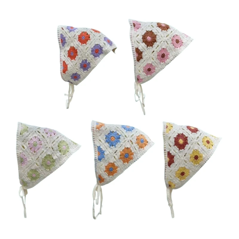 

Vintage Women Flower Hairband Knitted Triangle Scarf Sweet Elastic Hairbands Summer Travel Taking Photo Hair Accessories