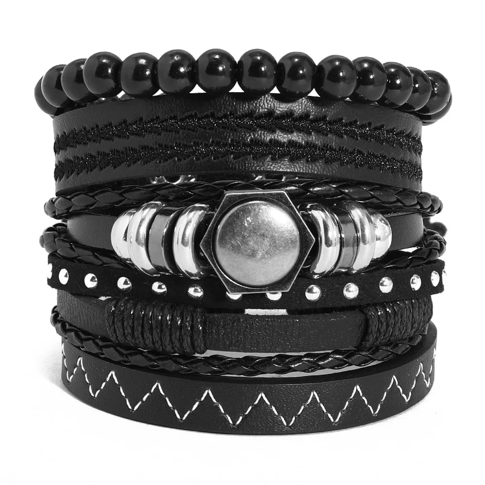 

5Pcs/Set Adjustable Beaded Braided Wrap Leather Bracelets for Men Retro Ethnic Black Punk Bracelet & Bangles Multilayer Jewelry