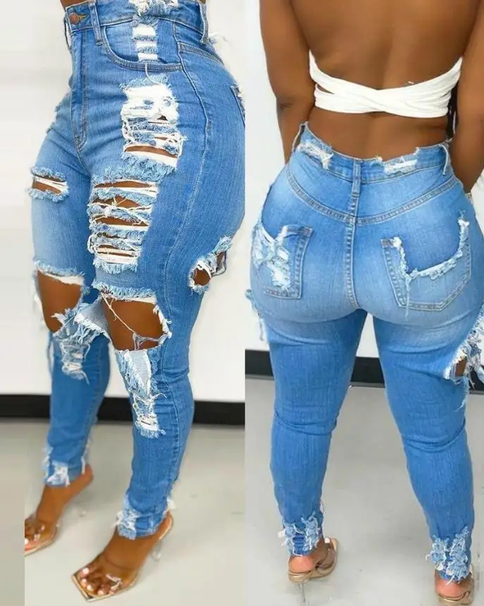 

Denim Ripped Cutout High Waist Jeans Washed Contrast Paneled Daily Skinny Pants Fashion High Street Women's Denim Trousers