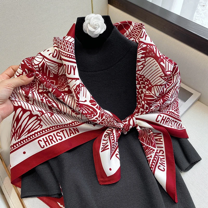 Luxury Design Square Scarf Hijab Women Satin Silk Bandana Muslim Headband Neckerchief Female Hair Band Wrap Shawls Foulard 90cm
