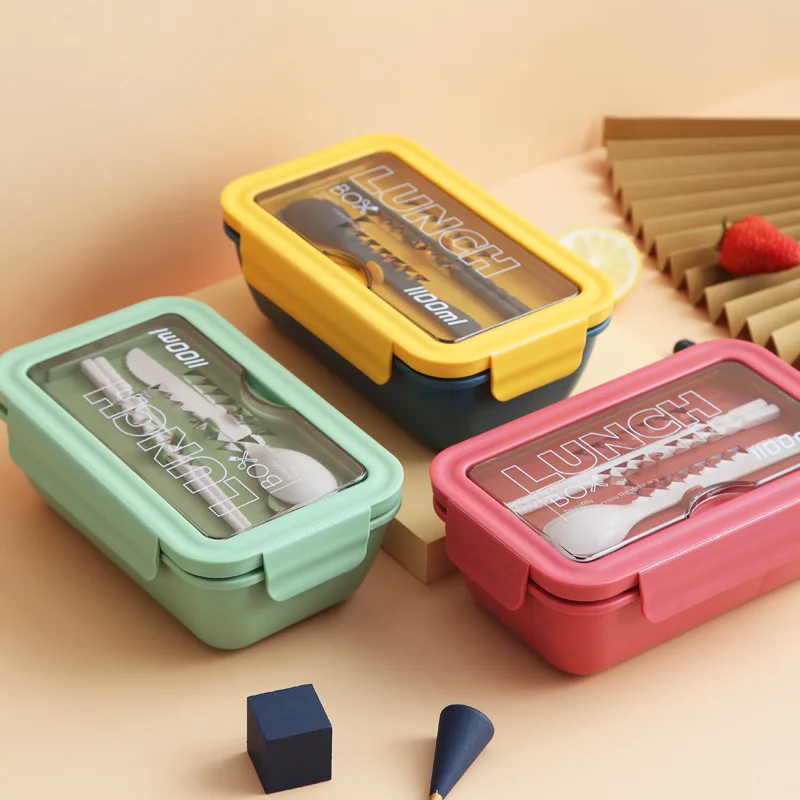 

1100Ml Magnetron Lunchbox Draagbare 2 Layer Voedsel Container Gezonde Lunch Bento Dozen Lunchbox Met Bestek